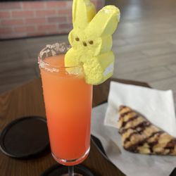 Cafenated - Peep-mosa for Good Friday! (Champagne, OJ, strawberry syrup, sugar rim, and of course a Peep)