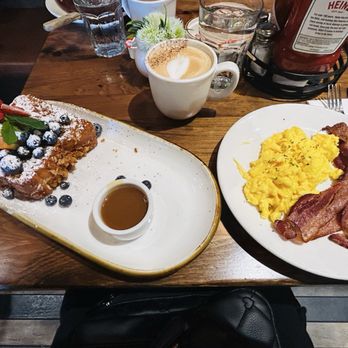 Surisan - Blueberry Stuffed Crunch French Toast Breakfast with bacon and scrambled eggs - Korean Near Me - San Francisco, California Surisan - Blueberry Stuffed Crunch French Toast Breakfast with bacon and scrambled eggs - Korean Near Me - San Francisco, California