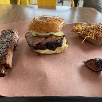 la Barbecue - Pork rib, brisket sandwich, and Kim chee slaw - Barbeque Near Me - Austin, Texas