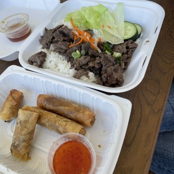 Oak Tree Station - Egg rolls and beef rice plate from Pho Loc - Food Court Near Me - Camas, Washington