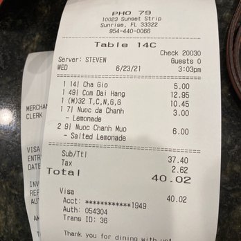 Pho 07 Vietnamese Restaurant - The bill for 2 people. Not bad at all!! - Vietnamese Near Me - Sunrise, Florida