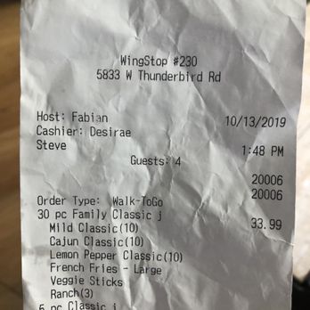 Wingstop - My receipt. - Chicken Wings Near Me - Glendale, Arizona