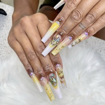 Aria Nail Bar - Yellow white ombré long coffin with butterfly details. - Nail Salons Near Me - Phoenix, Arizona Aria Nail Bar - Yellow white ombré long coffin with butterfly details. - Nail Salons Near Me - Phoenix, Arizona