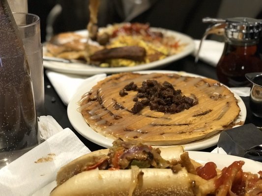 Photo of Champs Diner - Brooklyn, NY, US. Breakfast Slam, Cinnamon roll pancake, Banana Cream Shake, Philly Cheese Steak Sandwich