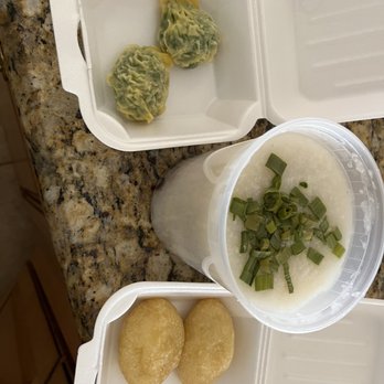 Dim Sum King - Pork/egg porridge, chive dumplings and salty horn dumplings. - Dim Sum Near Me - Fort Myers, Florida Dim Sum King - Pork/egg porridge, chive dumplings and salty horn dumplings. - Dim Sum Near Me - Fort Myers, Florida
