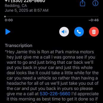 Park Marina Motors - Photo of the message Ron left me - Used Car Dealers Near Me - Redding, California