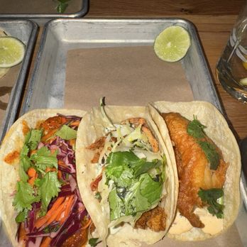 Bartaco - Left to right Carnitas softshell crab Baja fish - Tacos Near Me - North Bethesda, Maryland