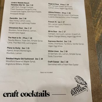 Craft Farmacy - Cocktail Menu - Seafood Near Me - London, Ontario