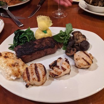 DC Prime Steaks - A12 japanese wagyu with seared scallops. Also some sides of au gratin potatoes, sauteed mushrooms and sauteed spinach. - Steakhouses Near Me - Ashburn, Virginia
