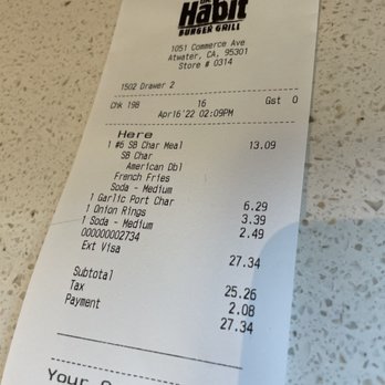 Habit Burger & Grill - Receipt by teller Samantha - Salad Near Me - Atwater, California Habit Burger & Grill - Receipt by teller Samantha - Salad Near Me - Atwater, California