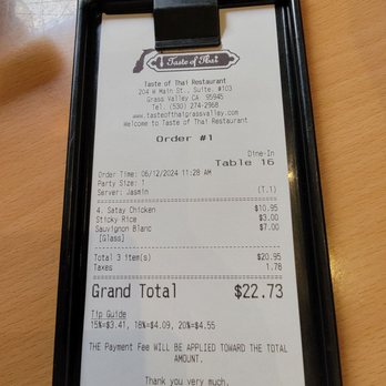 Taste of Thai - June 12 receipt - Thai Near Me - Grass Valley, California Taste of Thai - June 12 receipt - Thai Near Me - Grass Valley, California