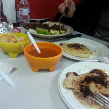 Pupuseria La Bendicion - Pupusas, salsa, cabbage salad, homemade tortillas, rice and beans, and some kind of beef dish. - Salvadoran Near Me - Cleveland, Ohio