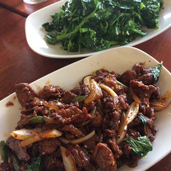 Burma Burma - Basil lamb with chili and pea leaf  (top dish); lamb was overly salty - Burmese Near Me - Dublin, California