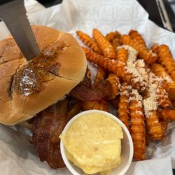 The Brickhouse - Bourbon burger with sweet potato fries and a sugary-buttery dipping sauce