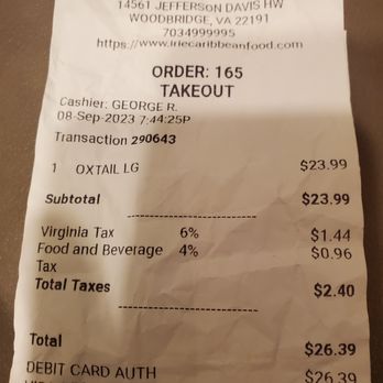Irie Carribean - ONE PERSON TO GO MEAL : GRAND TOTAL FOR A PILE OF DAY OLD RICE & PEAS AND COW TAIL PIECES: $26.39 :-/ - Caribbean Near Me - Woodbridge, Virginia Irie Carribean - ONE PERSON TO GO MEAL : GRAND TOTAL FOR A PILE OF DAY OLD RICE & PEAS AND COW TAIL PIECES: $26.39 :-/ - Caribbean Near Me - Woodbridge, Virginia