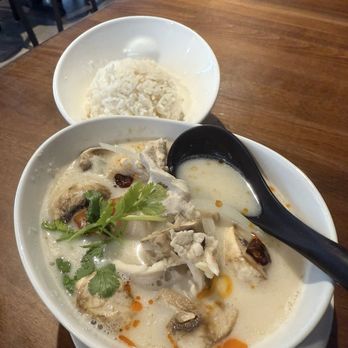 Chang Yai Thai Noodle & Cafe - Tom Kha Gui- coconut milk chicken soup - with a side of Jasmine rice. - Thai Near Me - Pasadena, Texas