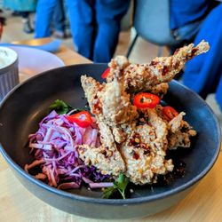 Pompette - Buttermilk Fried Quail - kohlrabi-parsnip-apple slaw, cornbread puree, hot honey