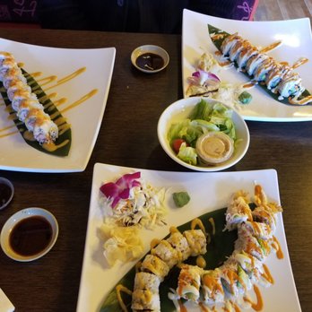 Ohana Sushi - Top left: Candy Cane Roll, Top right: Spicy Beach, Yama Combo: Eel and Hawaii Roll which came with House Salad - Japanese Near Me - Suffolk, Virginia Ohana Sushi - Top left: Candy Cane Roll, Top right: Spicy Beach, Yama Combo: Eel and Hawaii Roll which came with House Salad - Japanese Near Me - Suffolk, Virginia