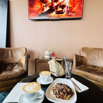 Society 57 - Honey spice latte, Black Forest matcha and coconut chocolate almond croissant - Coffee & Tea Near Me - Aurora, Illinois