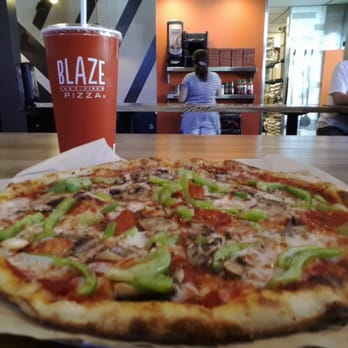 Blaze Pizza - Personal pan pizza with pepperoni, green bell peppers and mushrooms, with some oregano! - Salad Near Me - Orange, California