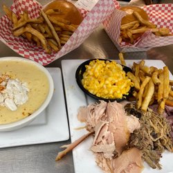 Hot Off The Coals BBQ - 3 meat sampler (Turkey,beef,nc pork) Mac n Mac & Cheese, Boardwalk - Style Fries, cream of crab soup