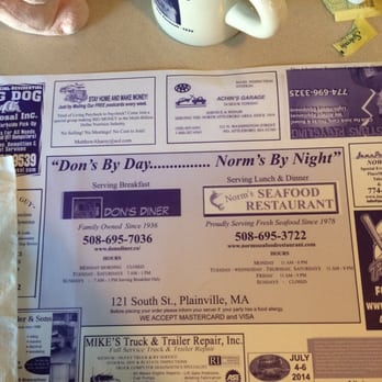 Don's Diner - Now 2 restaurants - Don's by Day and Norm's Seafood by night. - Diners Near Me - Plainville, Massachusetts Don's Diner - Now 2 restaurants - Don's by Day and Norm's Seafood by night. - Diners Near Me - Plainville, Massachusetts