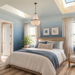 Surfside Murals - Custom blue ombre gradient wall mural in a modern bedroom, featuring a seamless transition from deep, desaturated slate blue to soft, pale b