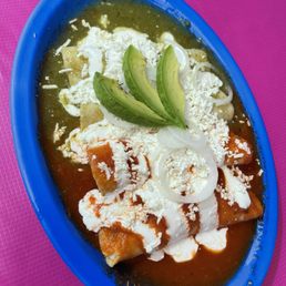 Enchiladas. Flavorful sauce, tortilla and chicken were super soft. Perfect amount of cheese and cream. Melts in your mouth. Sooo worth it!