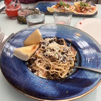 Blue Mussel Cafe - Linguine & Tacos in the background - Seafood Near Me - Rustico, Prince Edward Island