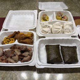 My take-out...chicken feet, char sui, char sui bao, pork hash, and lo mai gai with lotus wrap.