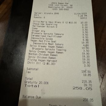 JINYA Ramen Bar - Logan Circle - Very reasonable bill for 6 very hungry ppl w/ drinks - Ramen Near Me - Washington, DC, District of Columbia JINYA Ramen Bar - Logan Circle - Very reasonable bill for 6 very hungry ppl w/ drinks - Ramen Near Me - Washington, DC, District of Columbia