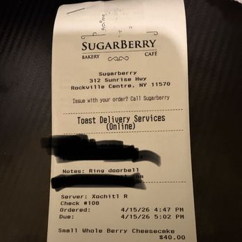 Sugarberry Bakery - Receipt, delivered yesterday - Coffee & Tea Near Me - Rockville Centre, New York Sugarberry Bakery - Receipt, delivered yesterday - Coffee & Tea Near Me - Rockville Centre, New York