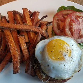 Doc B's Restaurant + Bar - Wedge burger with sunny side up egg and sweet potato fries! Yum - New American Near Me - Fort Worth, Texas
