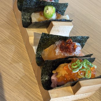 Oh Banzai - Yellowtail + Jalapeno Ponzu, Salmon + Onion Crunchy Chili Oil, Negi-Toro + Uni + Ikura - Japanese Near Me - Gardena, California Oh Banzai - Yellowtail + Jalapeno Ponzu, Salmon + Onion Crunchy Chili Oil, Negi-Toro + Uni + Ikura - Japanese Near Me - Gardena, California