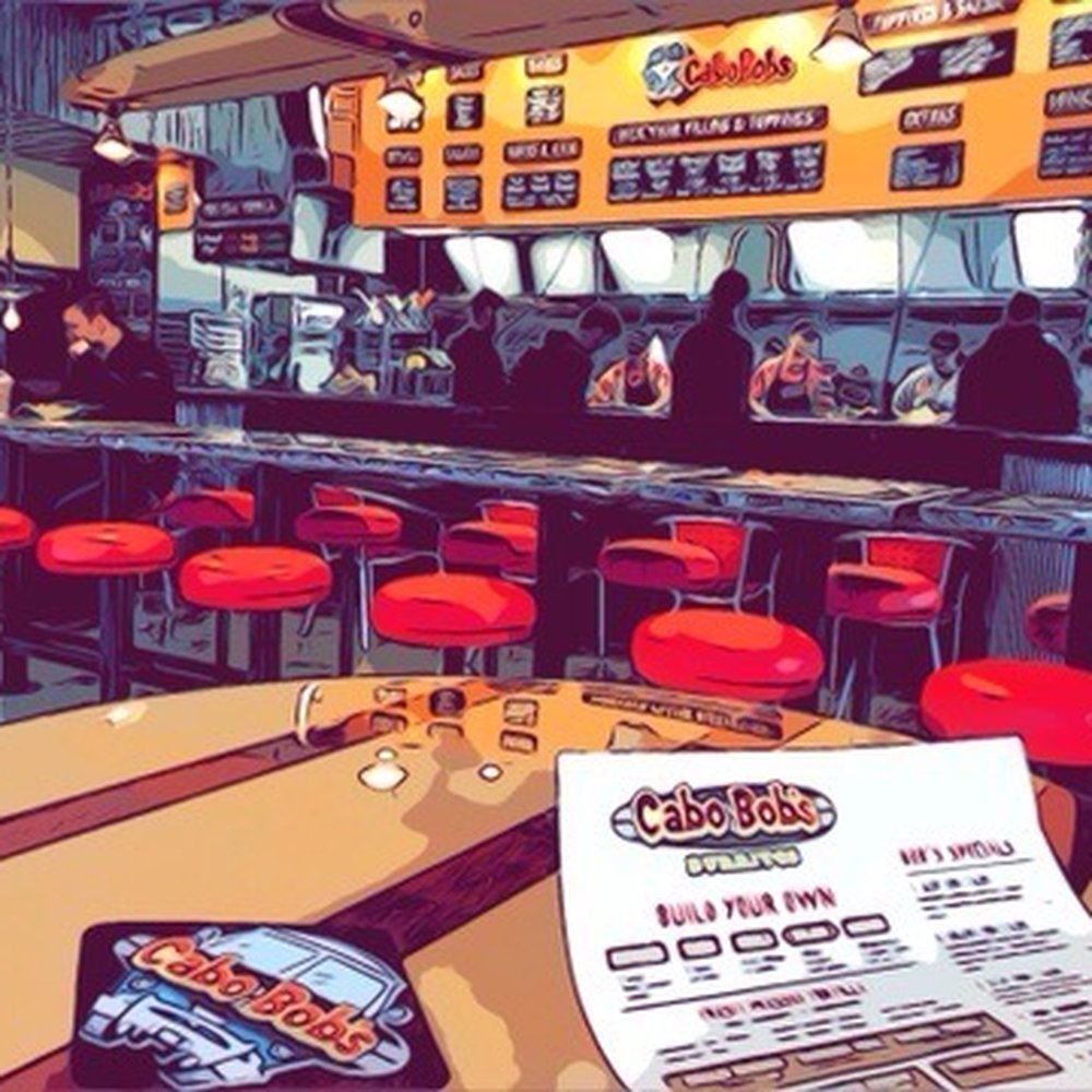 Cabo Bob's Burritos - dining area looking to food assembly counter - Mexican Near Me - Austin, Texas Cabo Bob's Burritos - dining area looking to food assembly counter - Mexican Near Me - Austin, Texas