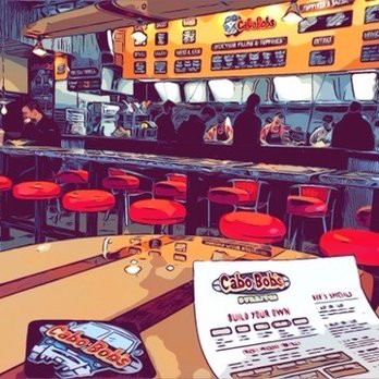 Cabo Bob's Burritos - dining area looking to food assembly counter - Mexican Near Me - Austin, Texas Cabo Bob's Burritos - dining area looking to food assembly counter - Mexican Near Me - Austin, Texas