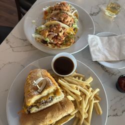 JC's Restaurant - Shrimp tacos and Sliced Prime Rib Sandwich