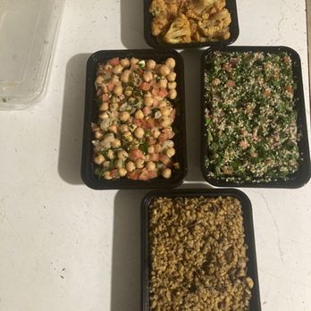 Vegan Stops - From top / left to right: some type of cauliflower bowl, chickpea salad, tabbouleh, and wheat bulgur with mushroom. - Vegan Near Me - Garden Grove, California Vegan Stops - From top / left to right: some type of cauliflower bowl, chickpea salad, tabbouleh, and wheat bulgur with mushroom. - Vegan Near Me - Garden Grove, California