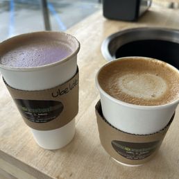 11/14/25 Ube latte (left) & oat milk latte (right)