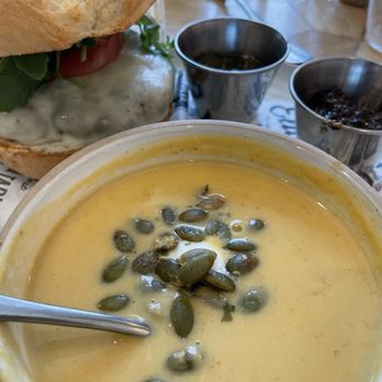 Magnolia Table - Squash soup and the Gaines Brothers Burger on gluten free bread - Breakfast & Brunch Near Me - Waco, Texas