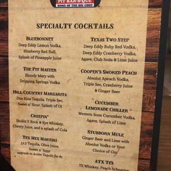 Cooper's Old Time Pit Bar-B-Que - Cocktails menu (September 2019) - Barbeque Near Me - Austin, Texas