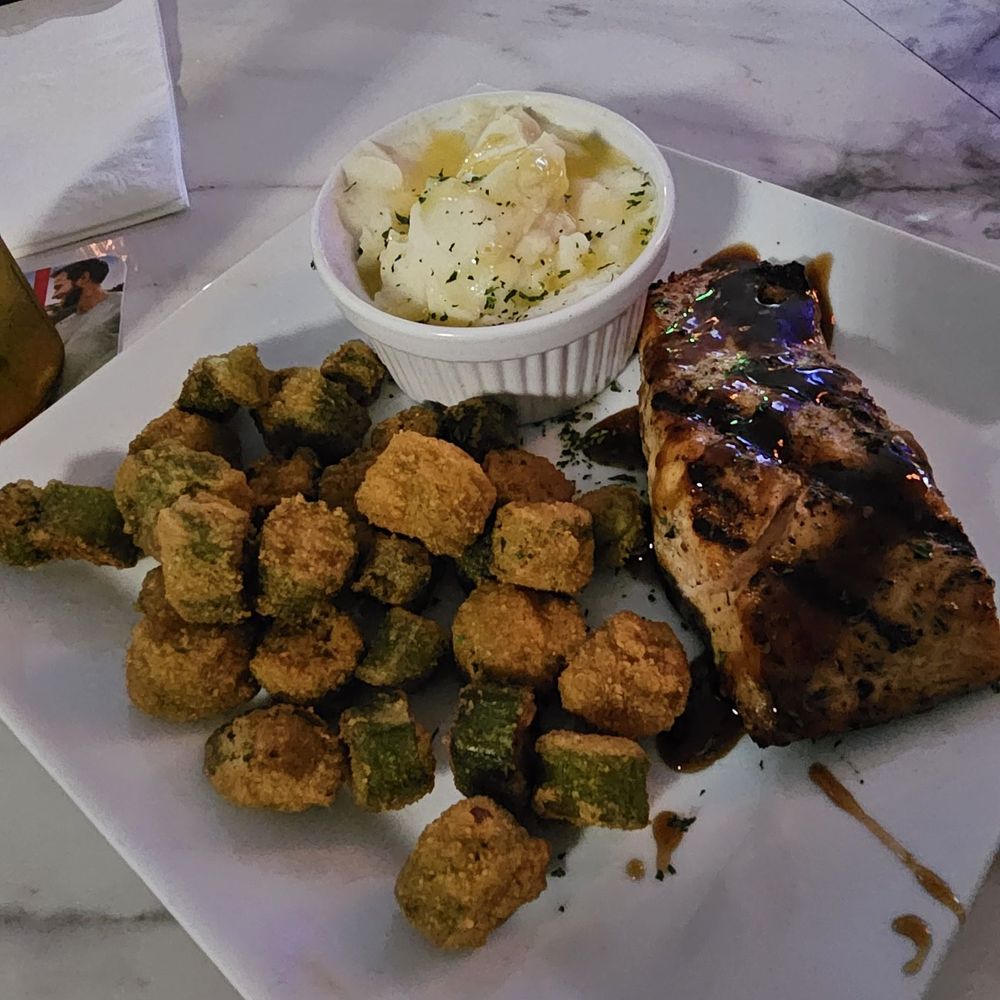 Teriyaki salmon, fried okra, mash potatoes Teriyaki salmon, fried okra, mash potatoes