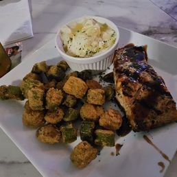 Teriyaki salmon, fried okra, mash potatoes