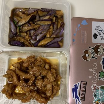 Dew Drop Inn - szechuan eggplant & orange chicken in own takeout containers (computer for size reference haha) - Chinese Near Me - Honolulu, Hawaii
