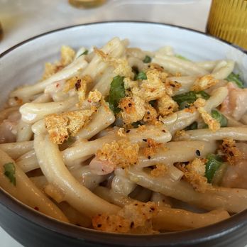 L'Orange - Spring pasta - casarecce, prawns, peas, preserved lemon, herbed breadcrumbs. - Salad Near Me - Portland, Oregon