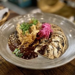 Covacha - Mole dulce with celery root and crisp enoki mushrooms, sensational.