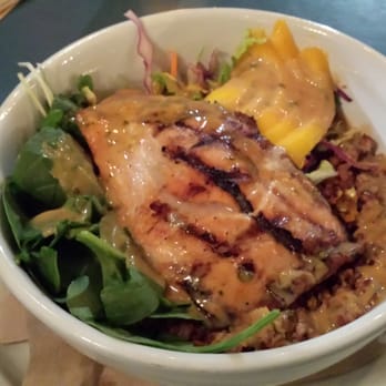 Bloom - Salmon bowl over delicious brown rice with mango and greens. YUM! - Coffee & Tea Near Me - Los Angeles, California