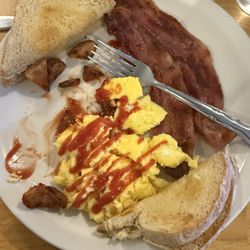 Prospector Cafe - Two Eggs, Bacon, Toast, and Potatoes.