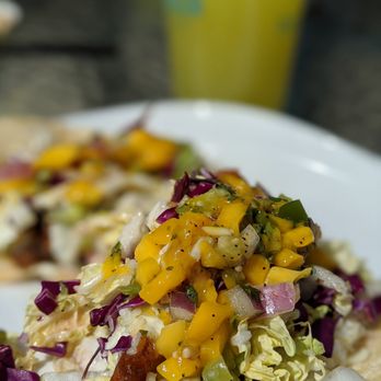 Vatos Tacos and Tequila - Mango fish taco in the forefront, chorizo mango taco in the back and a hefty pint of margarita in the way back! - Mexican Near Me - Fort Collins, Colorado Vatos Tacos and Tequila - Mango fish taco in the forefront, chorizo mango taco in the back and a hefty pint of margarita in the way back! - Mexican Near Me - Fort Collins, Colorado