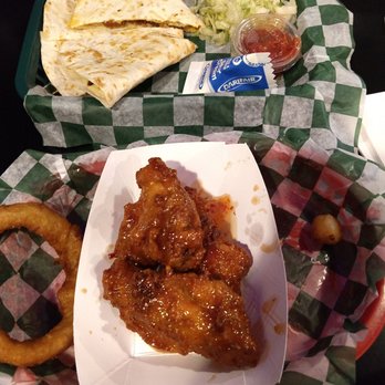 B & J Bar and Grill - Basket Combo: chicken wings, onion wings, cheese curds (so good, we inhaled them), SPAM quesadilla - Wraps Near Me - Austin, Minnesota